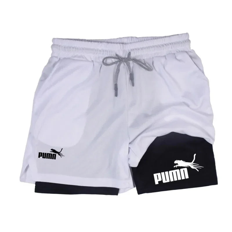 Men's Quick Dry Breathable 2-in-1 Double Layer Sports Shorts, Elastic Compression Liner Athletic Shorts