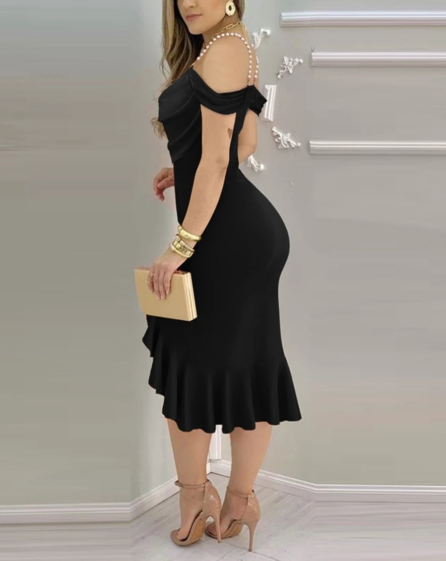Women's Dress Sexy Solid Sexy Off Shoulder Ruffle Hem Slit Formal Dress Midi Dresses Cocktail Dress Wedding Guest Dress