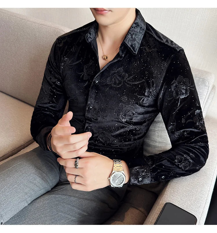 Men's Long Sleeve Velvet Flower Shirt New Luxury Printed Business Casual  Dress Shirts Formal Social Party Turn Down Collar Tops