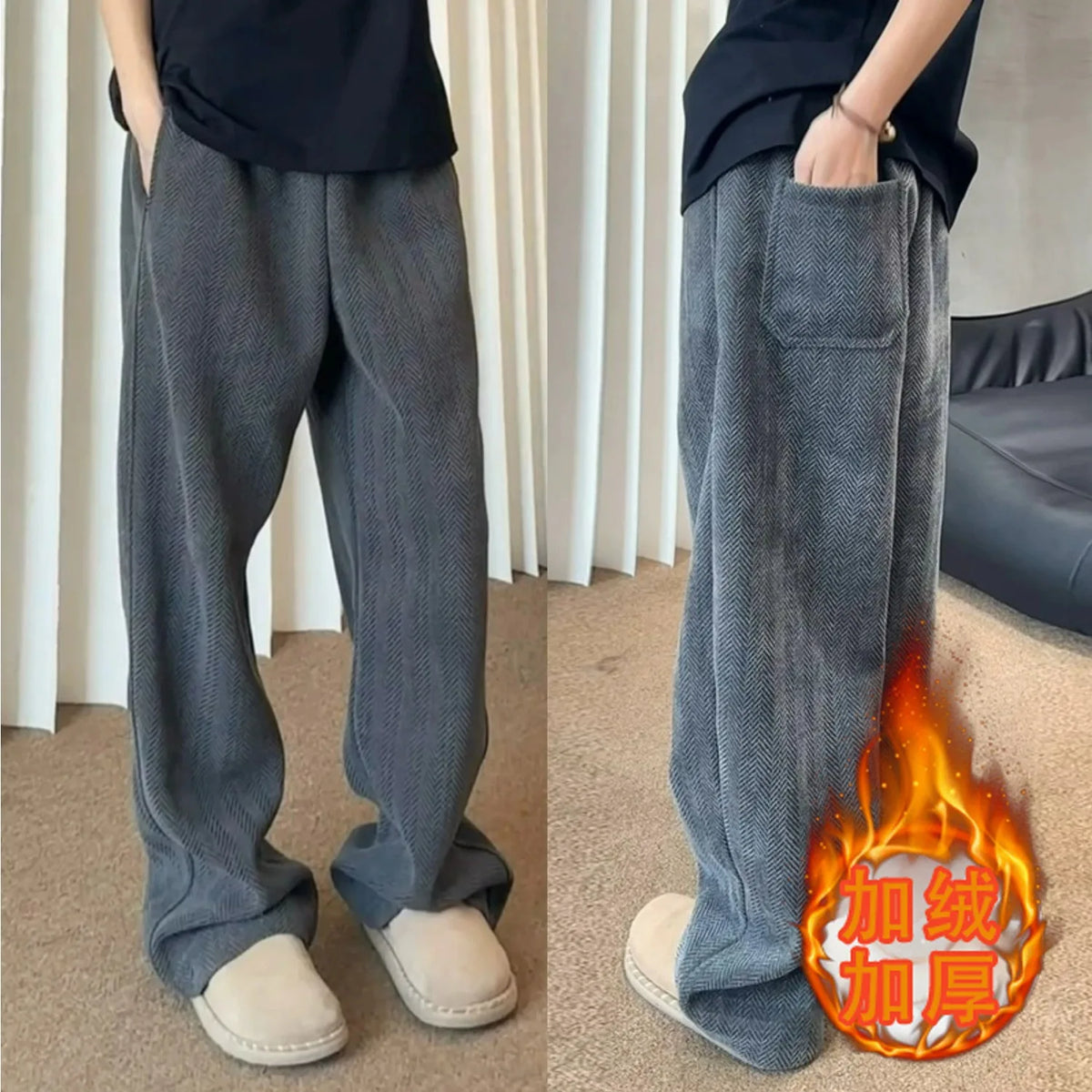Men's Vintage Fleece-Lined Casual Sweatpants - Loose Straight Fit Heavyweight Thickened Autumn & Winter Japanese Streetwear Bran