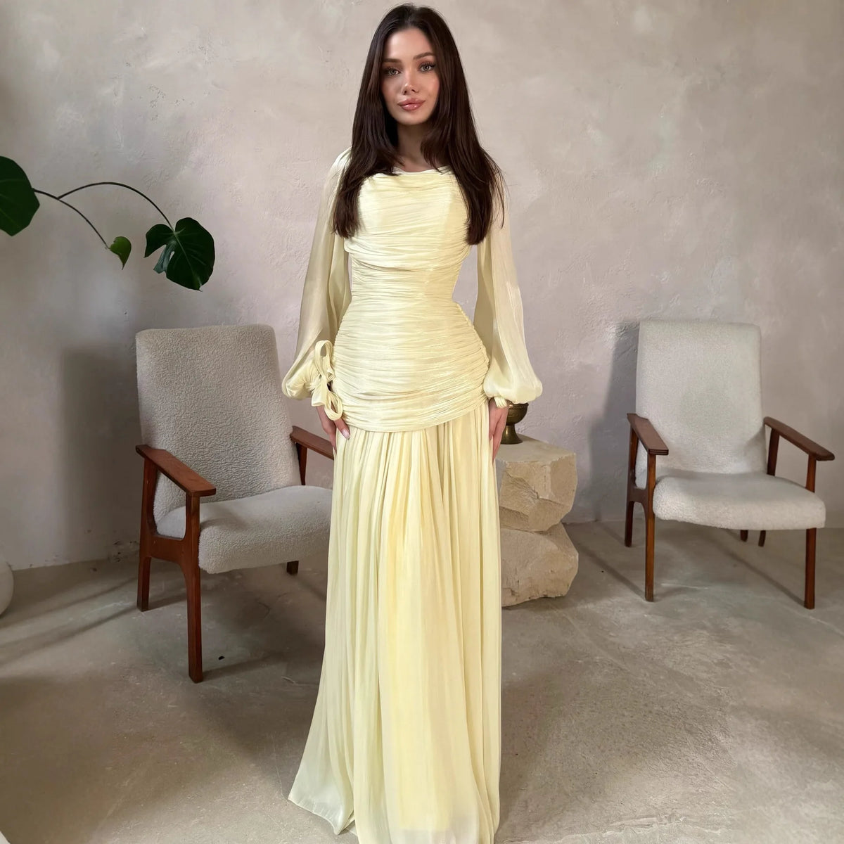 Women's Fashion Draped Design Solid Long Dress 2026 Casual Commute Waist Party Dresses Elegant O-neck Long Sleeve Evening Dress