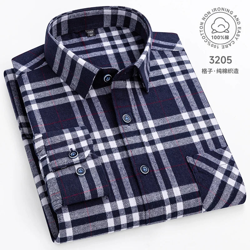 Cotton Plaid Casual Long Sleeve Shirts For Man M-11XL Plus Size Winter Warm Flannel Chic Clothes Business Smart Dress Shirts Top