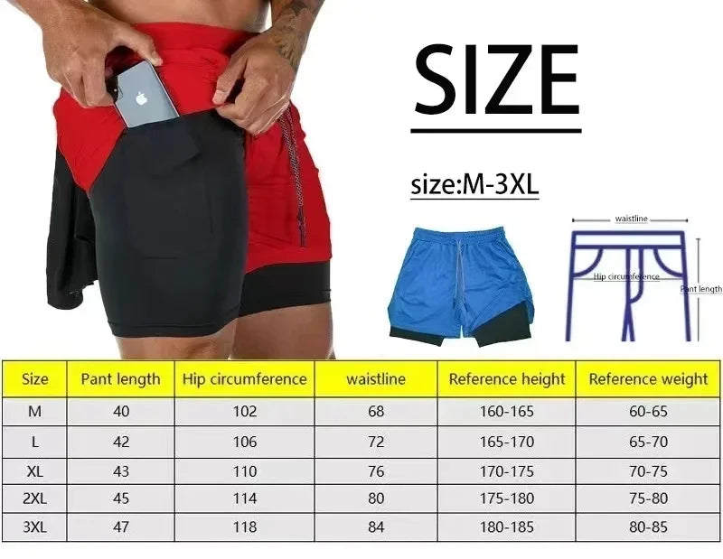 Men's Quick Dry Breathable 2-in-1 Double Layer Sports Shorts, Elastic Compression Liner Athletic Shorts