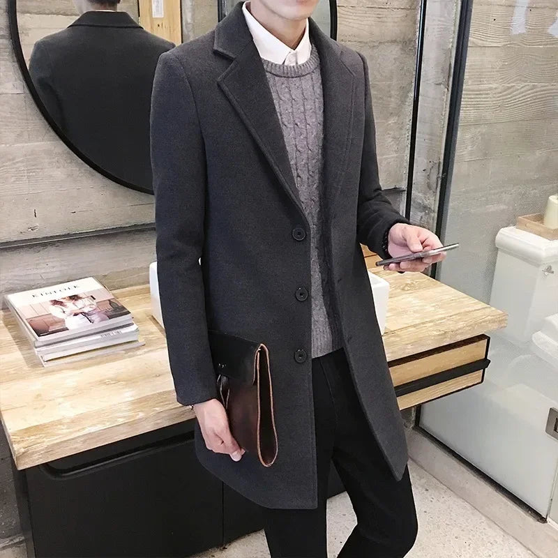Men's Long Coat 2025 Autumn/Winter New Fashion Business Slim Fit Men's Long Coat High Quality Solid Color Casual Men's Clothing