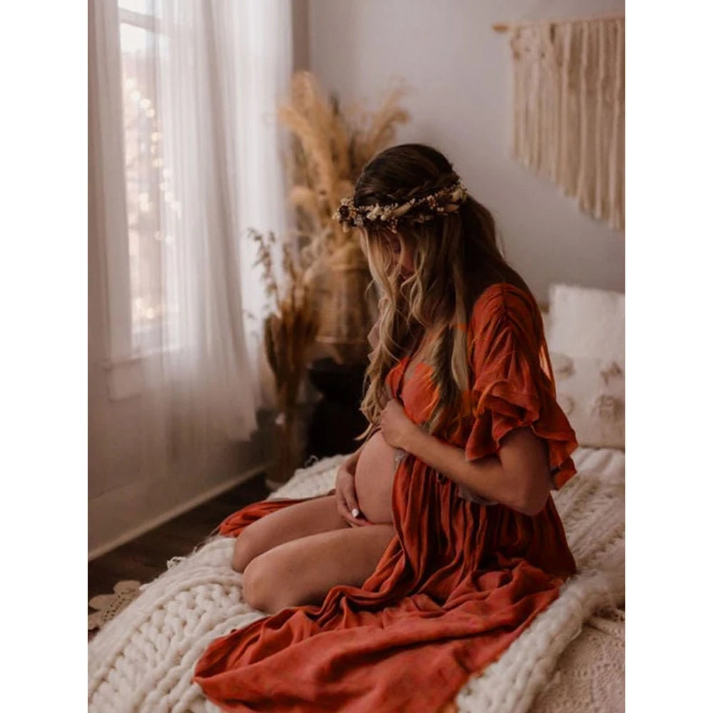 Comfortable Linen Cotton Dress For Pregnant Women Waist Drawstring  Beach Skirt Bohemian Photo Shooting Pregnancy Dress