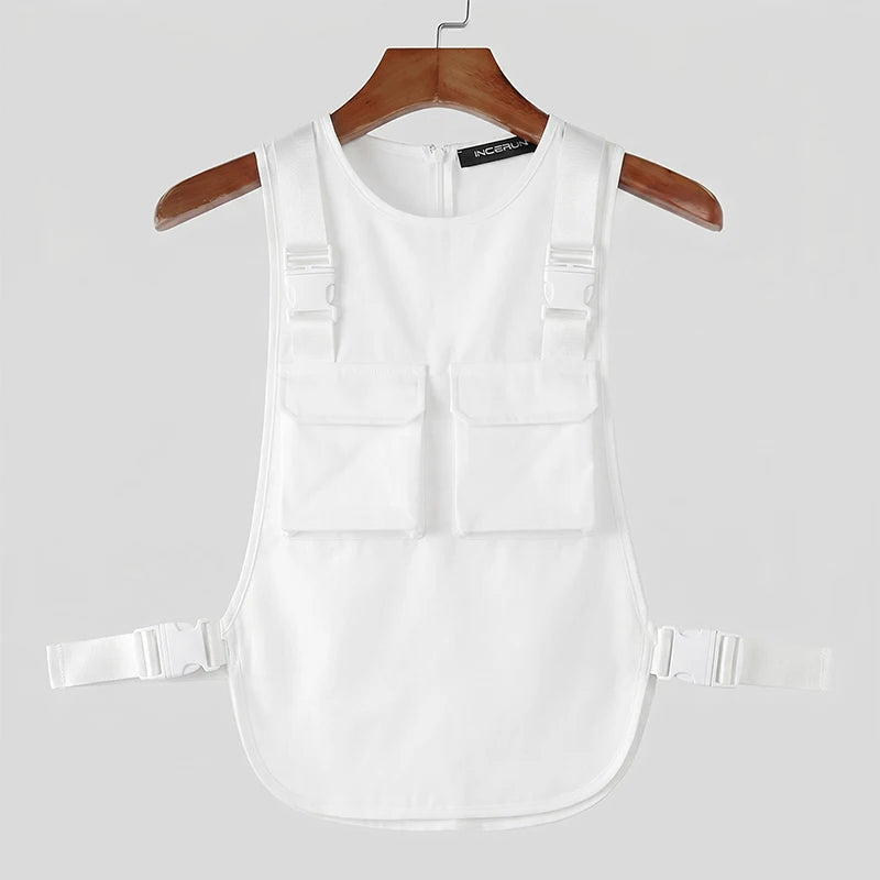 INCERUN Men's Tank Tops Solid Color O-neck Sleeveless Pockets Male Vests Summer Streetwear Loose 2026 Fashion Casual Men Clothes