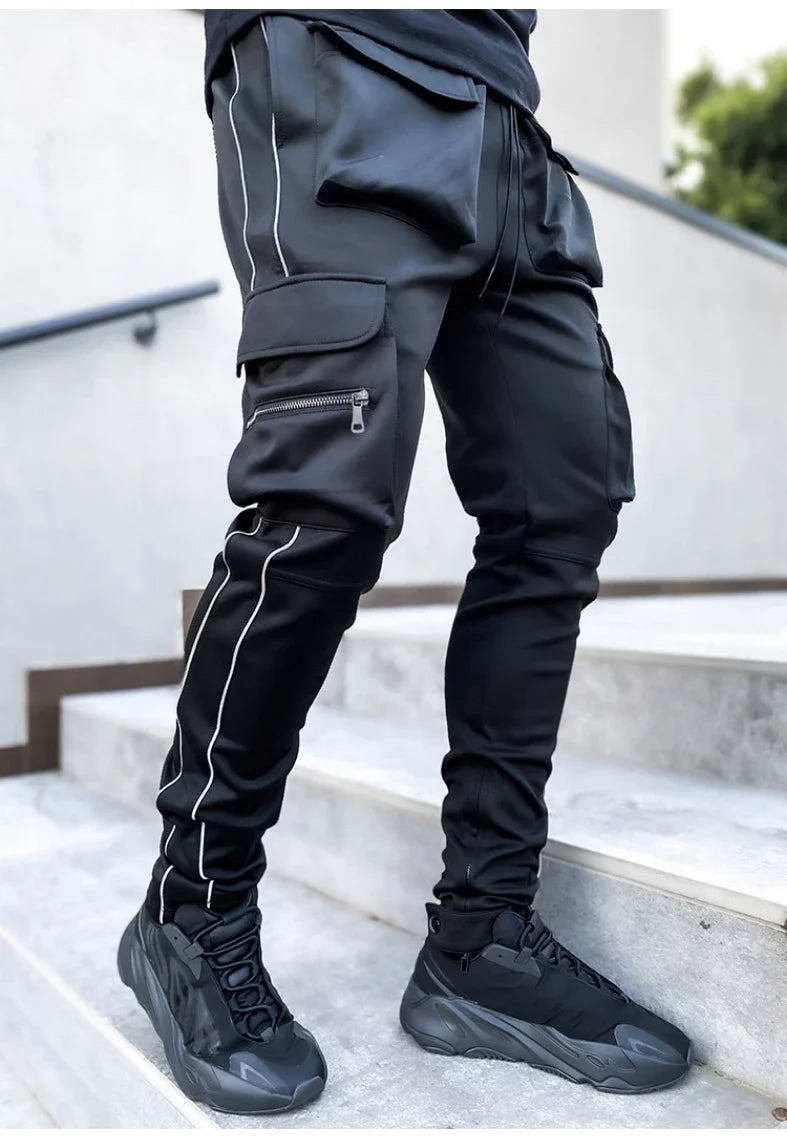 Summer Men's Jogging Sports Pants Multi-Pocket Sweatpants Running Trousers Men's Casual Joggers Cargo Reflective Hip Pop Pants