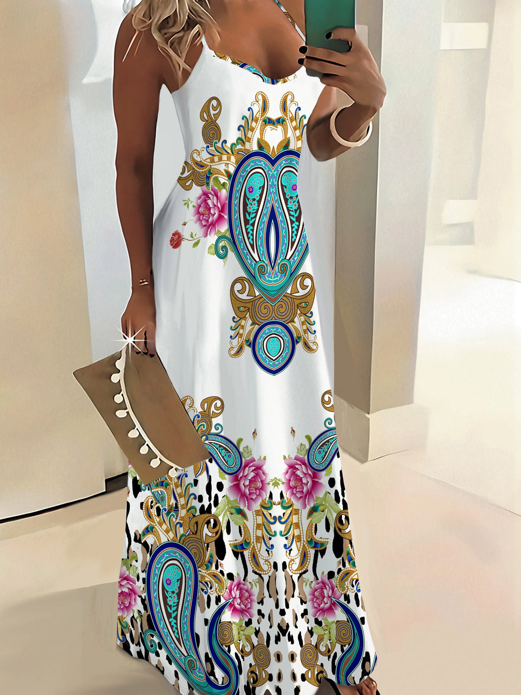 Vacation Dress for Women Floral Paisley Abstract Print Sleeveless Shift Dress Round Neck Summer Casual Maxi Dress Beach Party