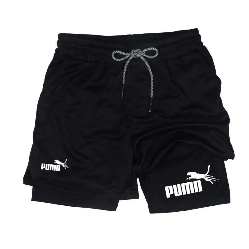 Men's Quick Dry Breathable 2-in-1 Double Layer Sports Shorts, Elastic Compression Liner Athletic Shorts