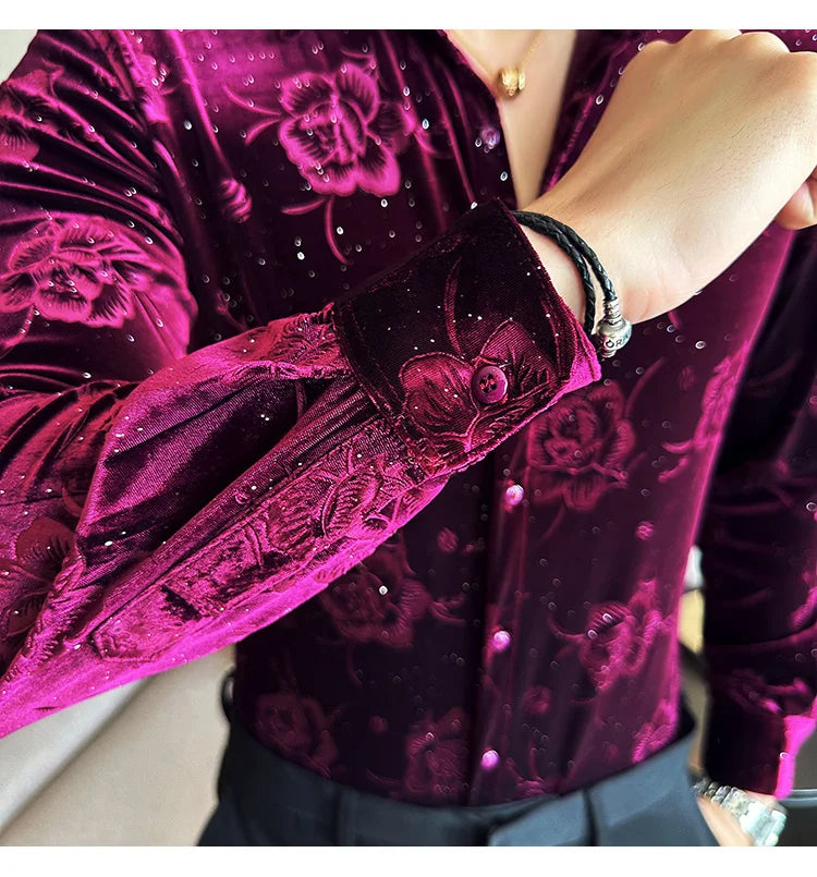 Men's Long Sleeve Velvet Flower Shirt New Luxury Printed Business Casual  Dress Shirts Formal Social Party Turn Down Collar Tops