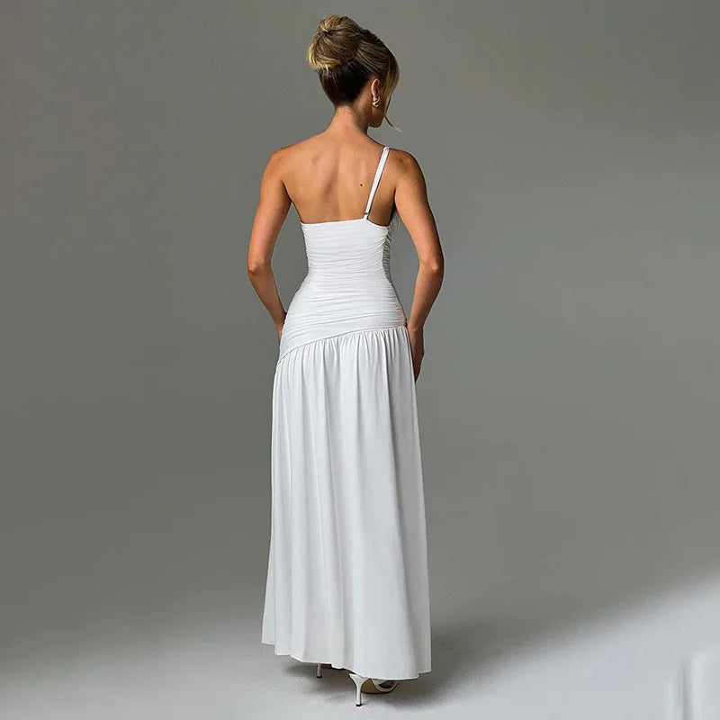 Women's Dress Summer Elegant Slim Long Dress One-Shoulder Suspender Oblique Shoulder Gathered Slit Sexy Pure Color Backless Elegant Long Dress Evening Dress Party Club