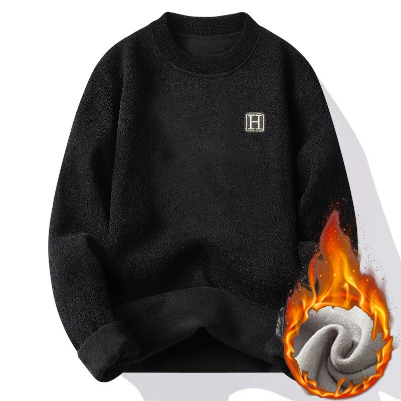 Lightweight Fleece Lined Thickened Sweater Men's Long Sleeve Knit Pullover Sweater Autumn Winter Thermal Warm Classic Sweater