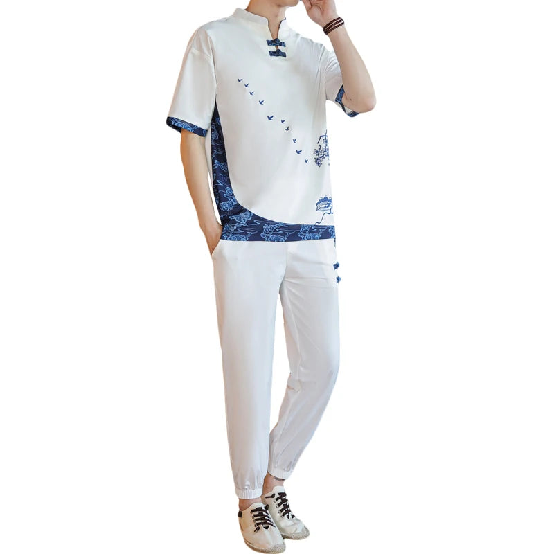 Shirts + Pants summer Cotton linen shorts sleeve shirts Men's Casual Sets Male Fashion trousers and shirts men size M-4XL TZ020
