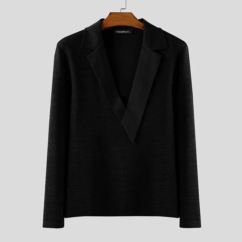 INCERUN Men Sweaters Patchwork Lapel Collar Long Sleeve Knitted Male Pullovers Streetwear 2025 Fashion Casual Men Clothing S-5XL