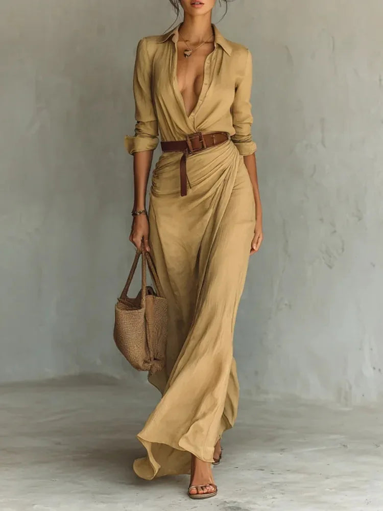 Women's Casual Dresses 2026 Summer Elegant Chic Evening Dress Sexy Solid Color Beach Dress Pleated Belted White Female clothing