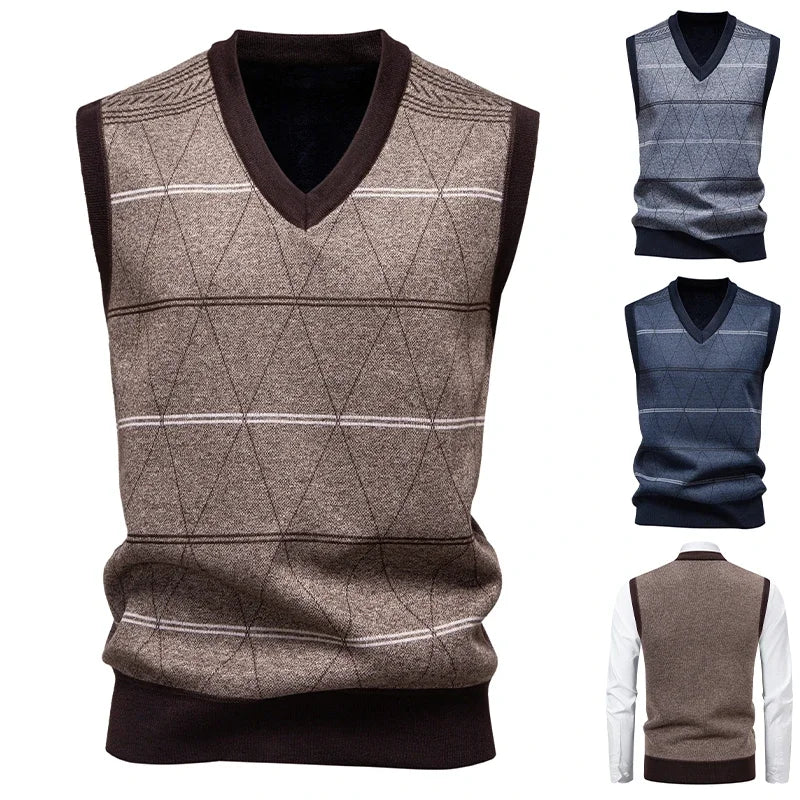 2026 Men's V-neck Knitted Sweater Warm Autumn Winter Diamond Grid Twisted Flower Casual Fashion Versatile Knit Top