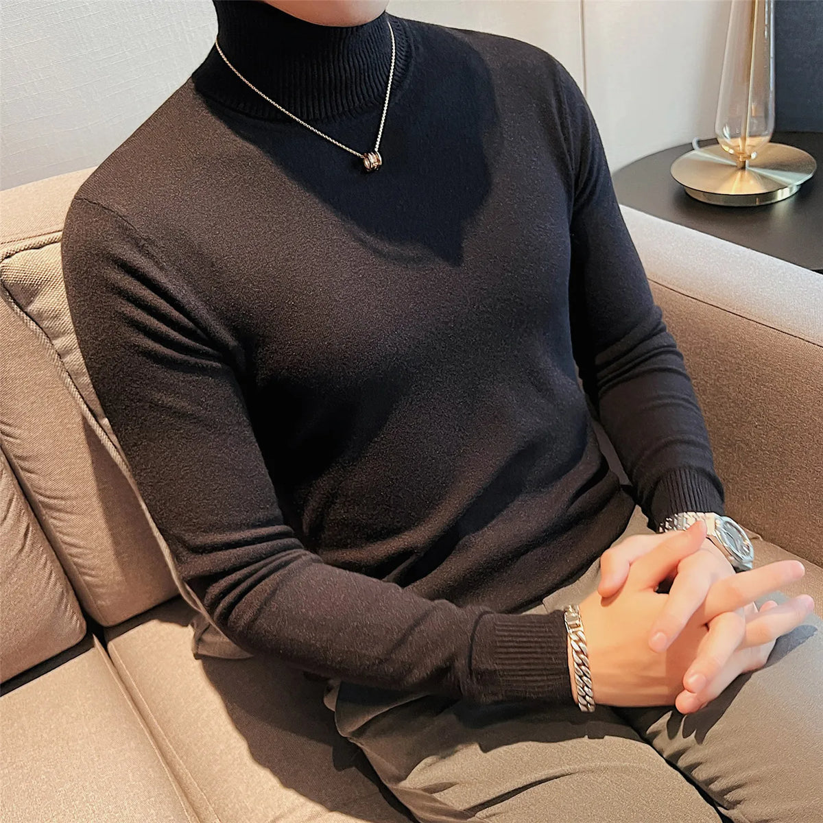 Autumn Winter Fashion Turtleneck Sweaters Men Solid Slim Fit Knitted Pullovers Mens Warm Casual Knit Turtleneck Pullover Sweater