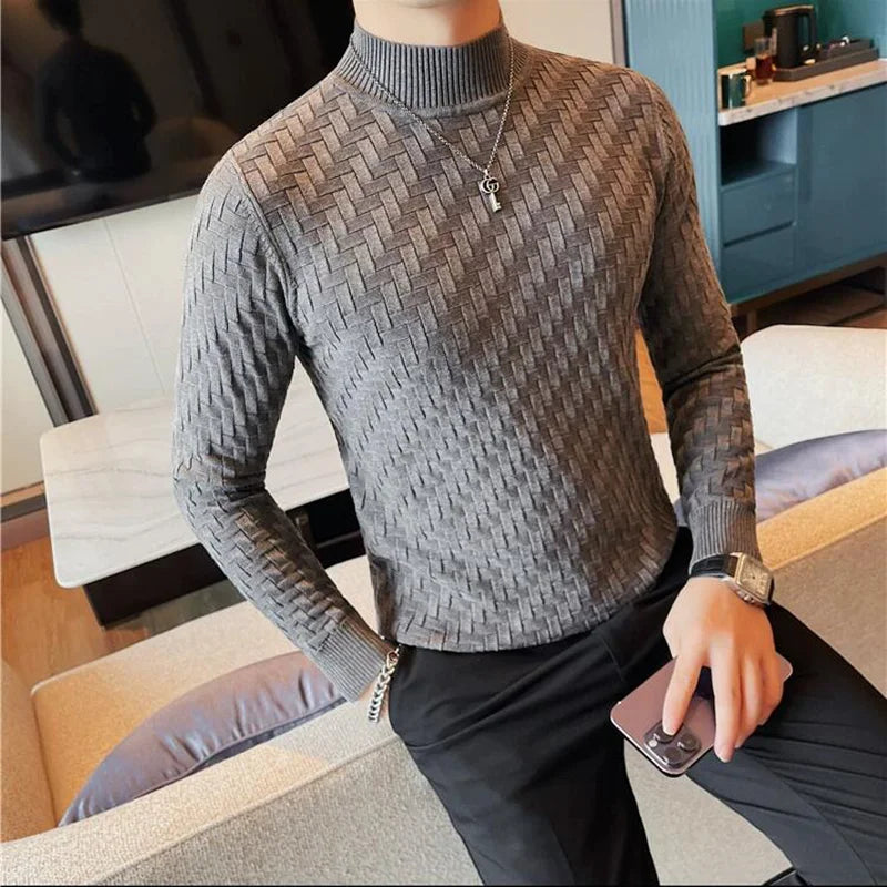 Men's Autumn Winter Half High Collar Jacquard Woven Sweater New Long Sleeve Slim Fit Knitted Sweater Pullers 4XL-M Homme