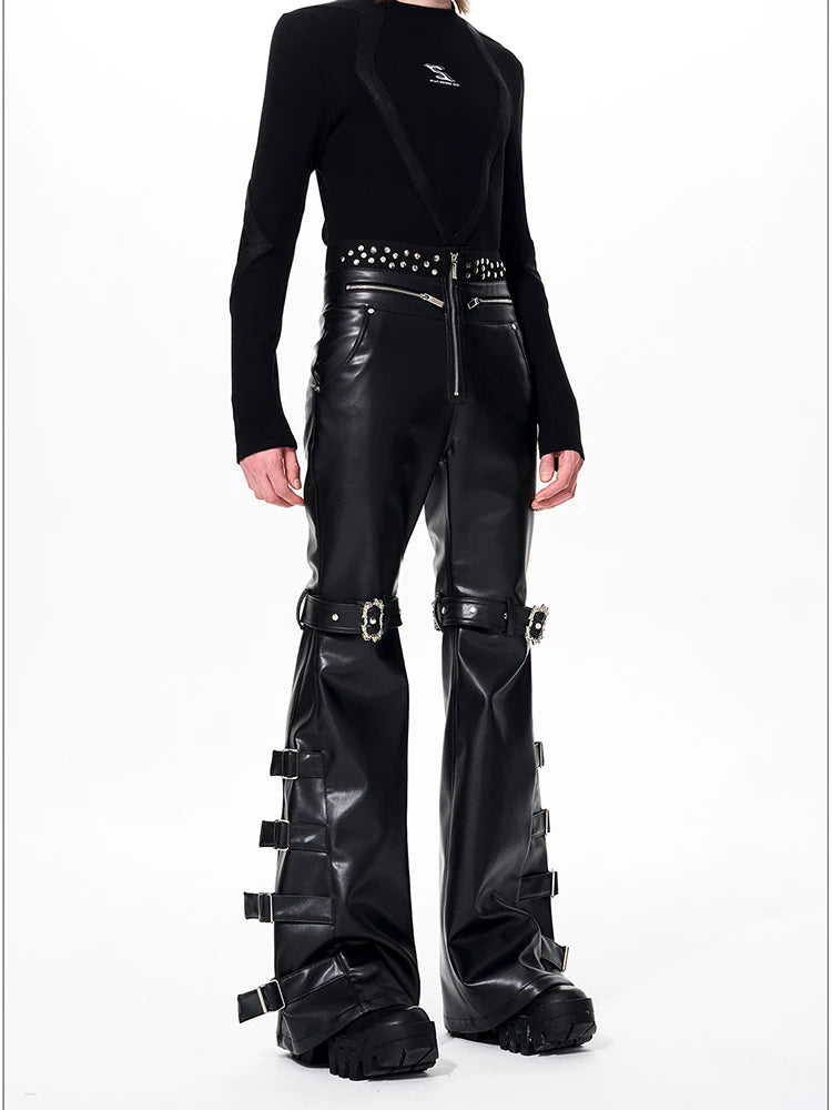 Mauroicardi Spring Autumn Cool Handsome Long Black Pu Leather Flare Pants for Men Rivet Luxury Designer Alternative Emo Clothes