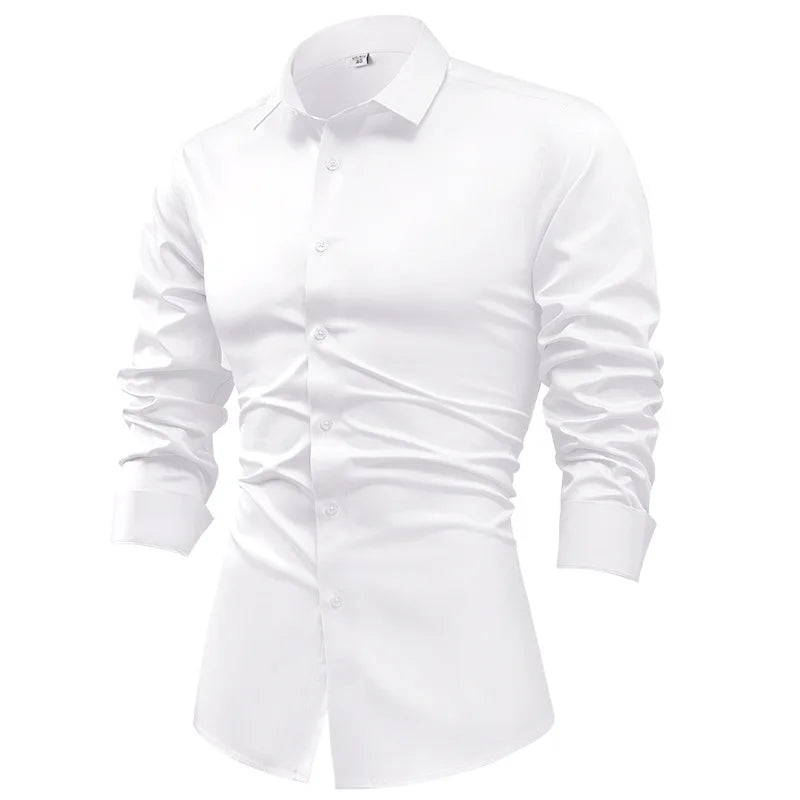 2025 Spring Autumn Royal Blue Silk Satin Long-sleeved Dress Shirts for Men, Navy Blue Business Casual Non-iron Wrinkle Camisas