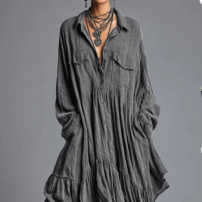 Women's Casual Dresses New Vintage Solid Loose Pleated Bohemian Long Dress 2026 Spring Long Sleeve Button Lapel Shirt Maxi Dress