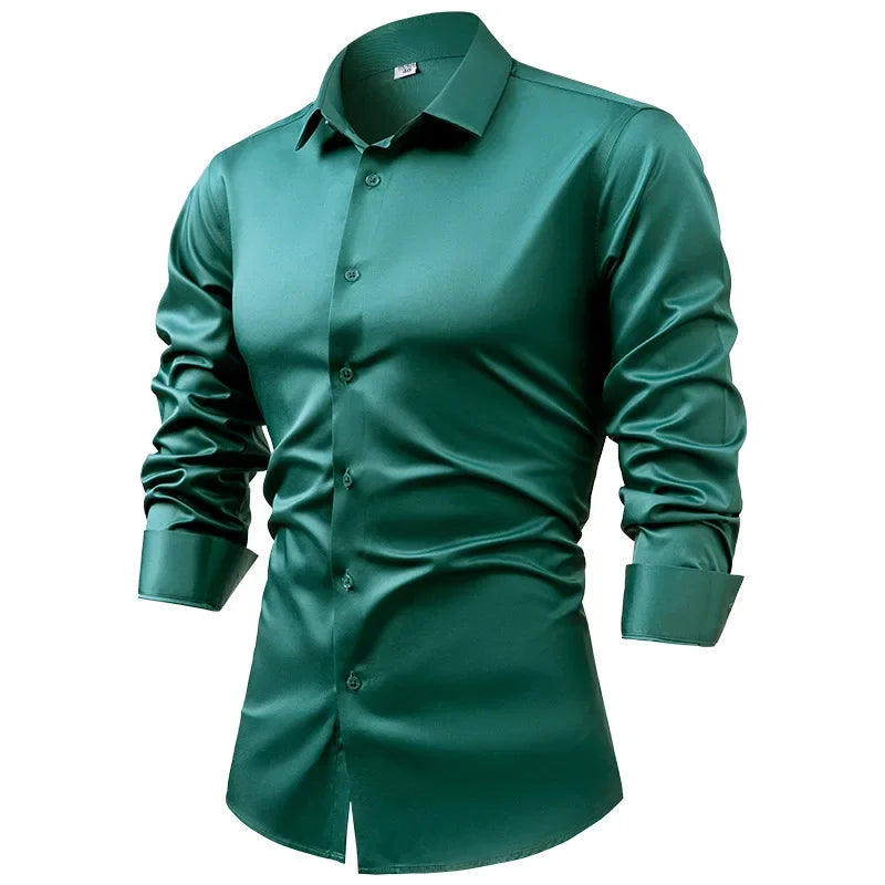 2025 Spring Autumn Royal Blue Silk Satin Long-sleeved Dress Shirts for Men, Navy Blue Business Casual Non-iron Wrinkle Camisas