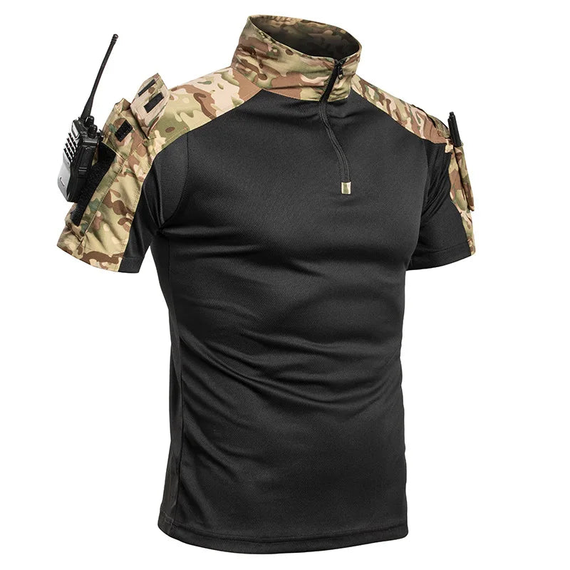 Summer Breathable Quick Dry Mens Tactical Combat Short Sleeve T-Shirts Half Zip Stand Collar Radio Pen Storage Arm Pocket Tee
