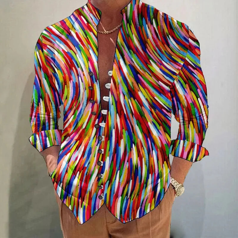 2025 Men Shirts New Print Button Shirt Fashion Stand Collar Loose Fitting Men's Shirts Casual Streetwear Comfortable