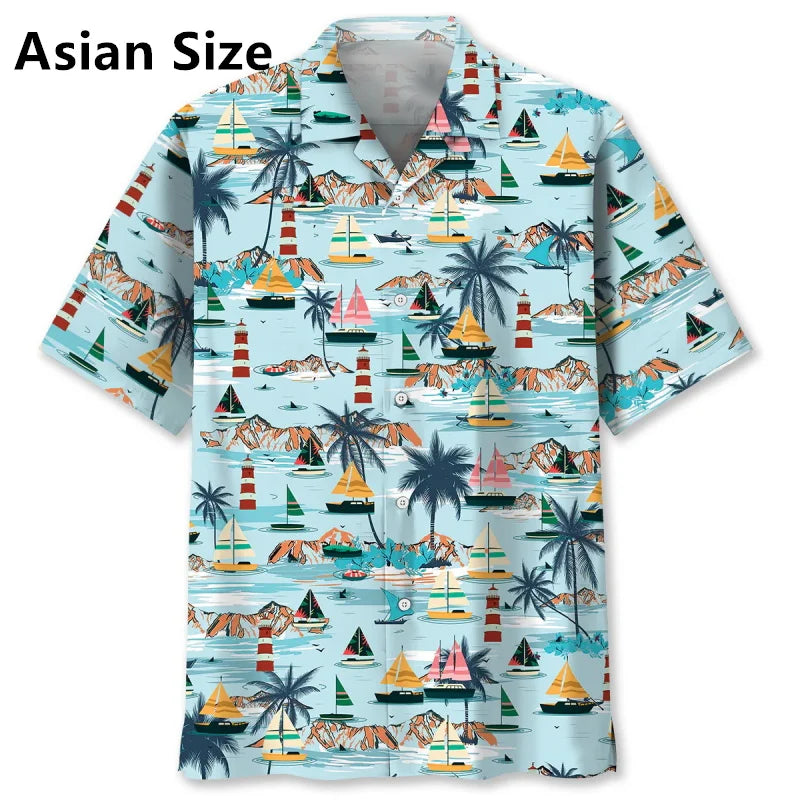 Men's Sailboat Tropical Flower Hawaiian Shirt Clothes Full Print Summer Short Sleeve Beach Shirts Blouse Men's Button Up Shirts