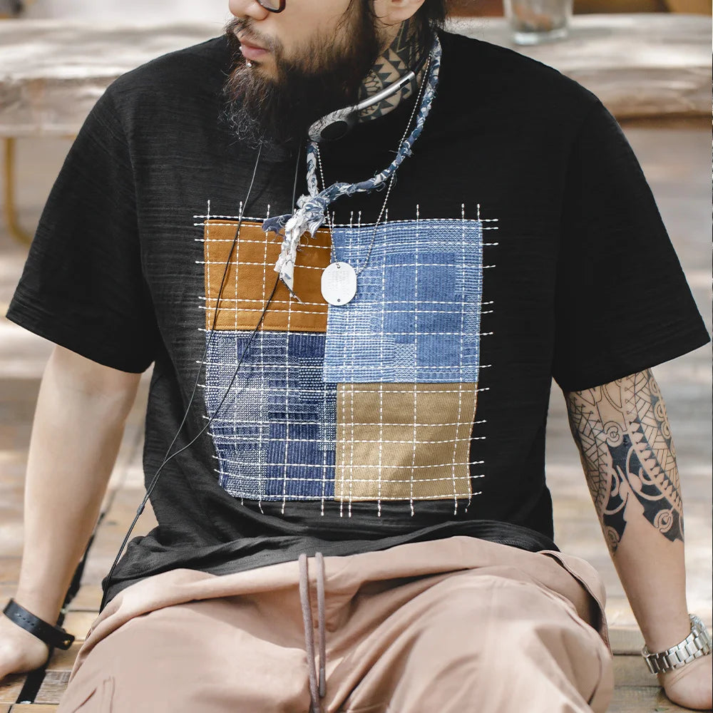 Maden Vintage Color-Block Patchwork Short Sleeve T-Shirt Men's Summer Slub Cotton Breathable Round Neck Tee Casual Street Tops