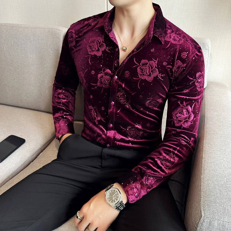 Men's Long Sleeve Velvet Flower Shirt New Luxury Printed Business Casual  Dress Shirts Formal Social Party Turn Down Collar Tops