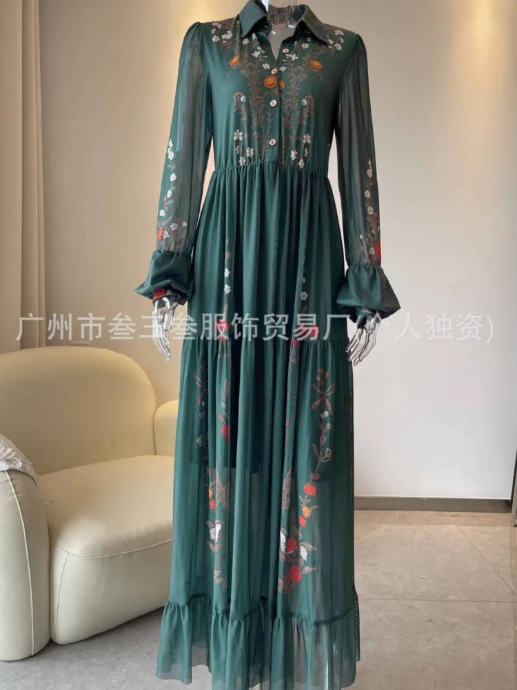 Fashion Vintage Print Dress For Women Casual Long Sleeve Turn-down Collar Button Pullover Loose Dresses Robe Femme Holiday Party
