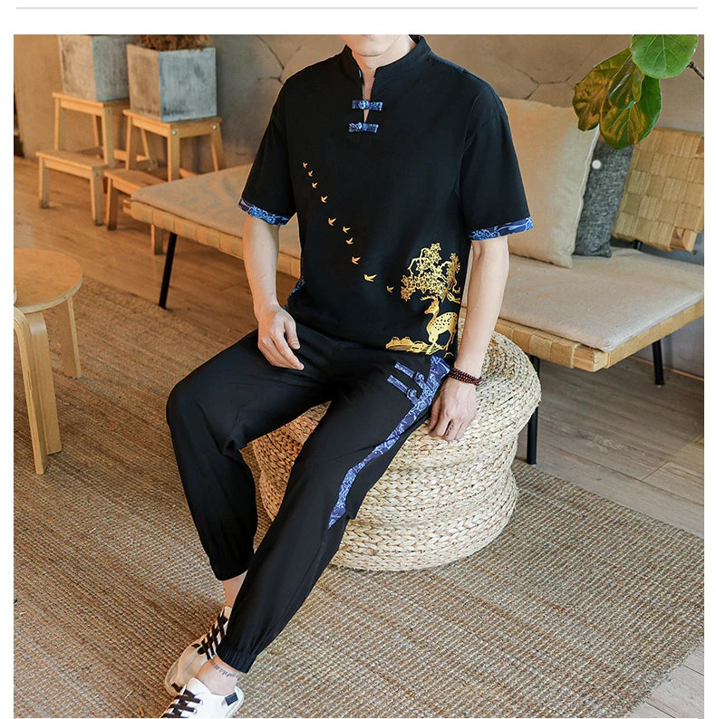 Shirts + Pants summer Cotton linen shorts sleeve shirts Men's Casual Sets Male Fashion trousers and shirts men size M-4XL TZ020