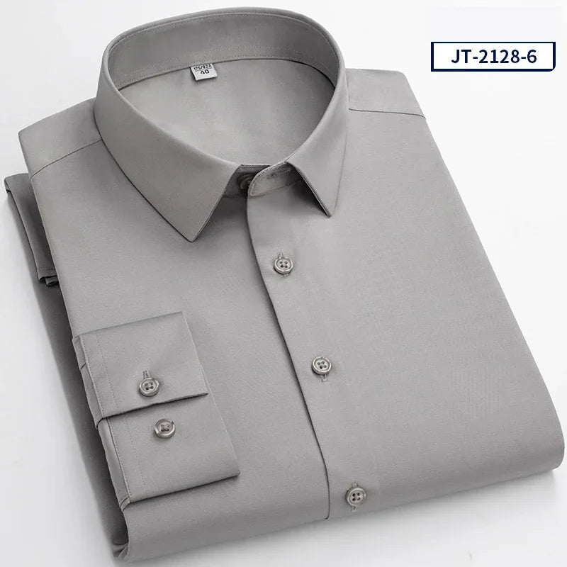 Over Size Solid Color Long-Sleeve Shirts for Men Slim Fit Formal Plain Shirt Elastic Single Pocket Tops Business Dress Clothes