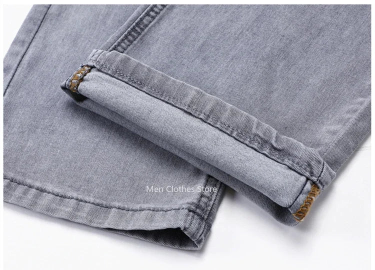 2026 Summer Thin Men's Cotton Jeans New Fashion Gray Elastic Straight Business Casual Pants Comfortable Brand Trousers