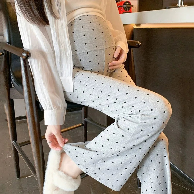 2026 Spring Autumn Maternity Polka Dot Flared Pants Petite Wide Leg Trousers Loose Straight Bell Bottom Pants Outdoor Pregnant