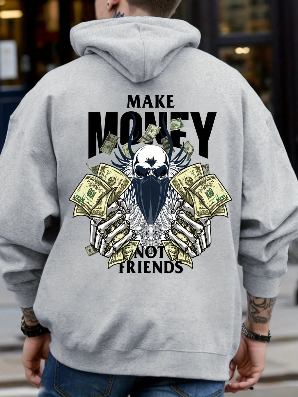 Commuting fashion men's autumn and winter must-have hooded sweatshirt Make MONEY NOT FRIENDS printed hooded sweatshirt versatile