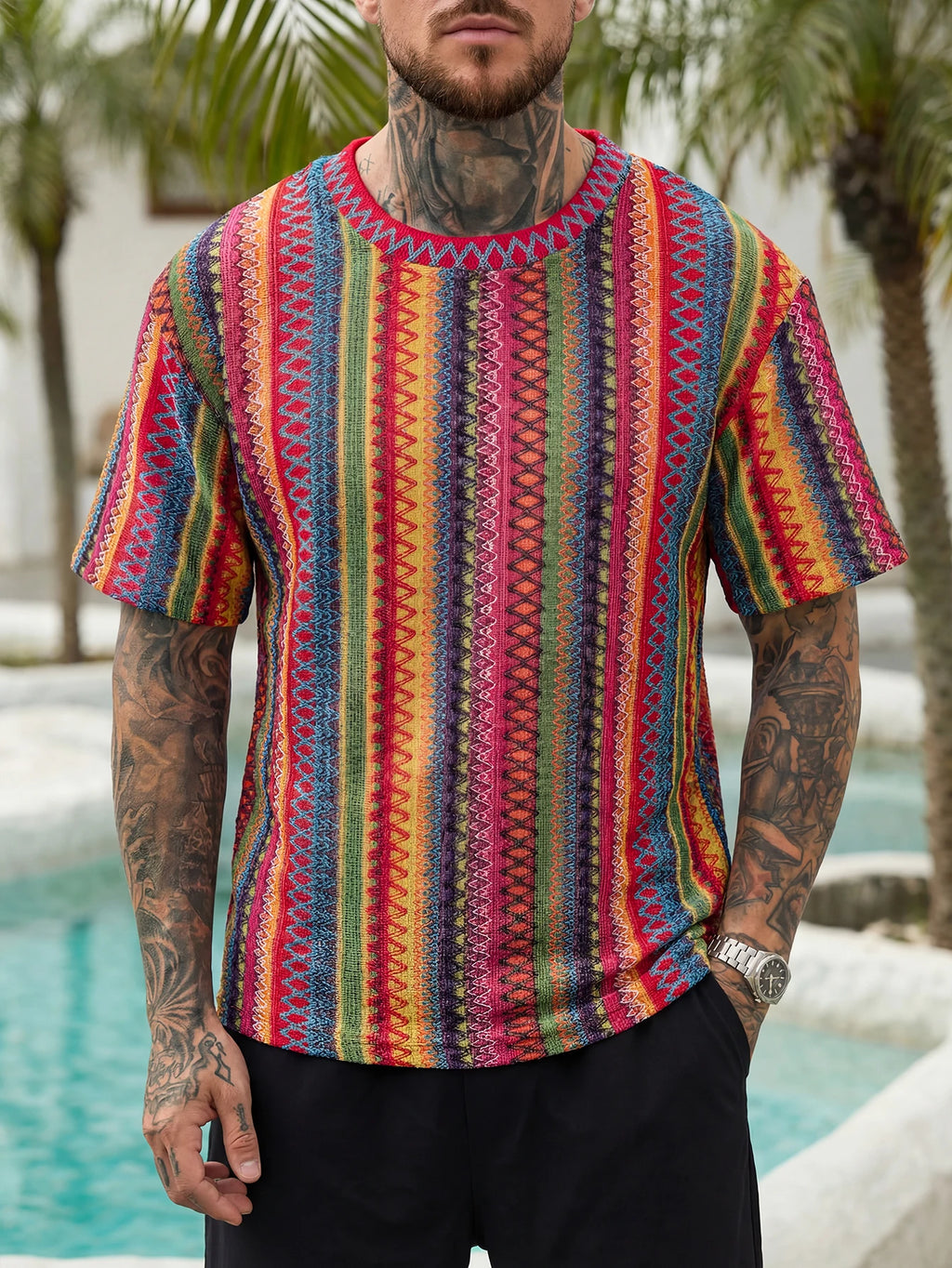 Summer Men's Bohemian Ethnic Jacquard Short-Sleeve T-Shirts, Breathable Knitted Short-Sleeve Shirts for Vacation