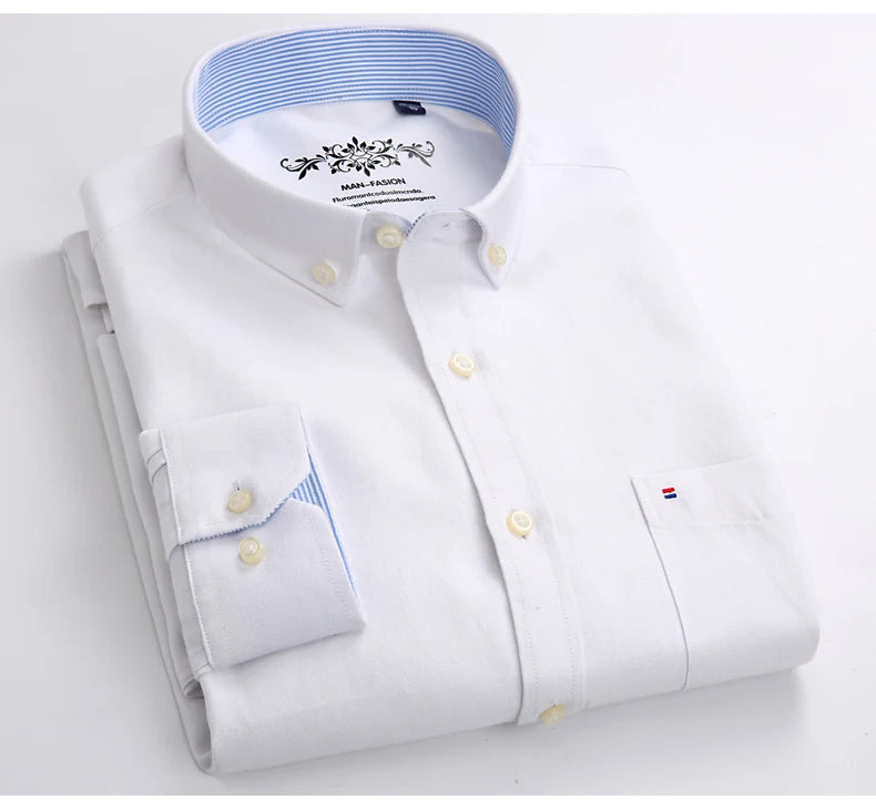 Cotton Oxford Shirt For Men Long Sleeve Plaid Striped Casual Shirts Male Pocket Regular-Fit Button-Down Work Man Dress Shirt