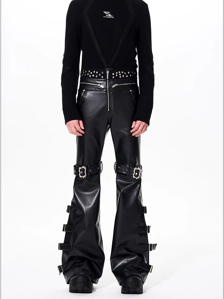 Mauroicardi Spring Autumn Cool Handsome Long Black Pu Leather Flare Pants for Men Rivet Luxury Designer Alternative Emo Clothes