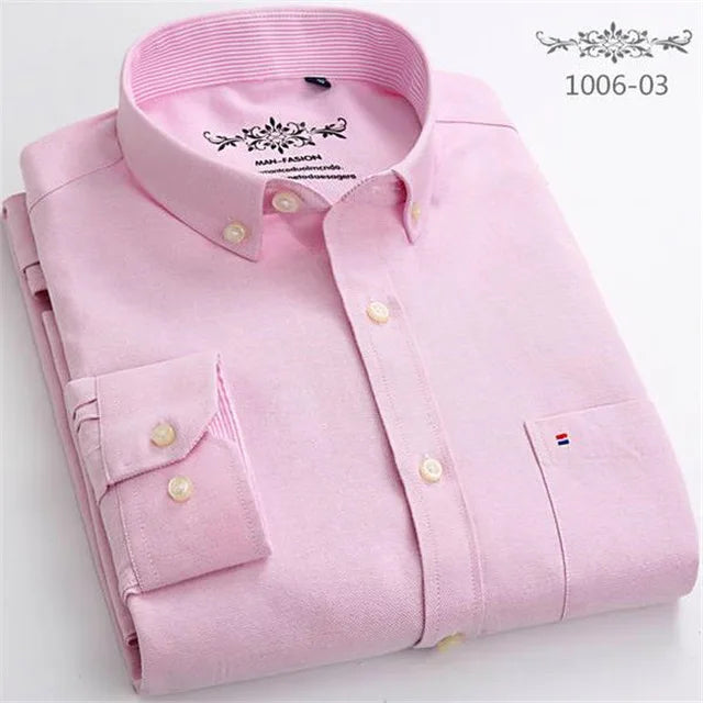Cotton Oxford Shirt For Men Long Sleeve Plaid Striped Casual Shirts Male Pocket Regular-Fit Button-Down Work Man Dress Shirt
