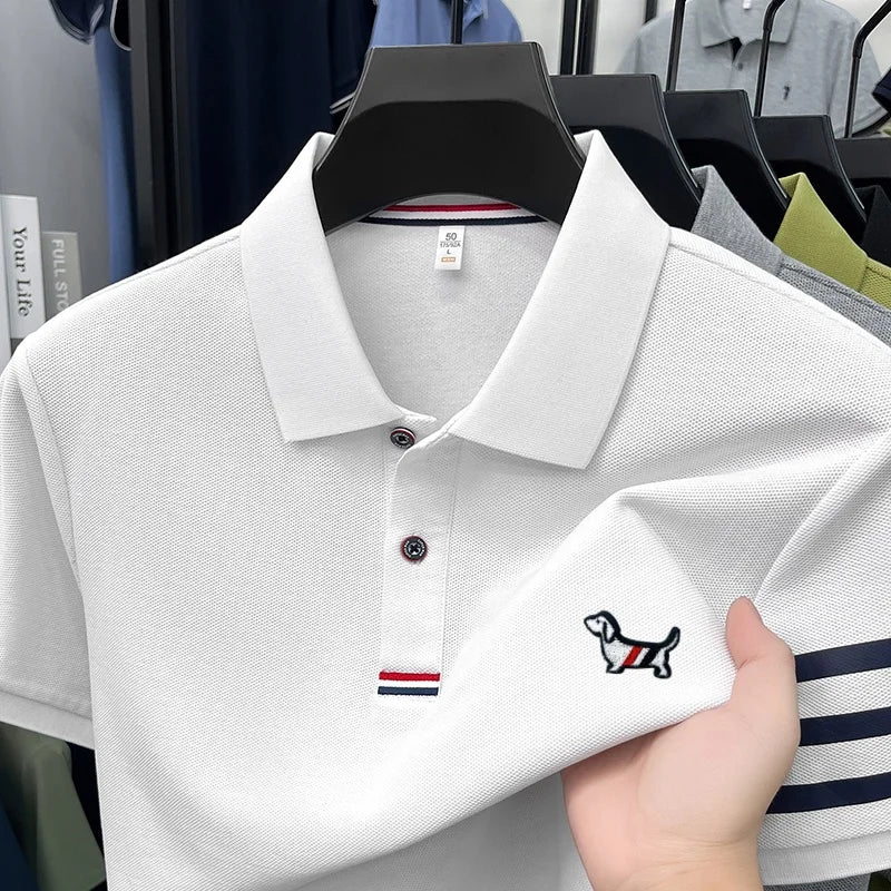 100% Cotton Summer Men's Short-Sleeved Polo Shirt Lapel Button Striped Print Business Casual Golf High-Quality Men's Clothing