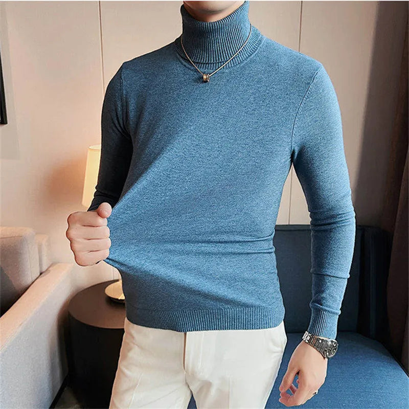 Autumn Winter Fashion Turtleneck Sweaters Men Solid Slim Fit Knitted Pullovers Mens Warm Casual Knit Turtleneck Pullover Sweater