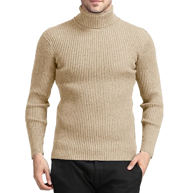 New Men's Turtleneck Sweaters Autumn Knitted Striped Streetwear Warm Long Sleeved Pullover Breathable Solid Color Basic Coat