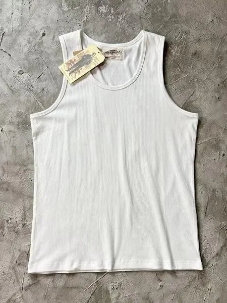 Retro Ribbed Knitted Pure Cotton Fitness Tank Top Men's Summer Tight Fit Elastic Sportswear White Base Layer Vest Sweat Absor...