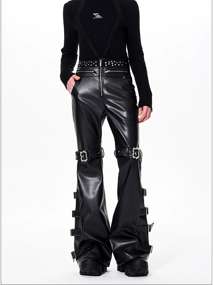 Mauroicardi Spring Autumn Cool Handsome Long Black Pu Leather Flare Pants for Men Rivet Luxury Designer Alternative Emo Clothes