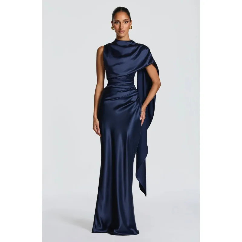 Women's Elegant Party Dresses Draped Cape Satin Evening Gown, High Neck Corset Back Formal Dress with Ruched Waist 2026