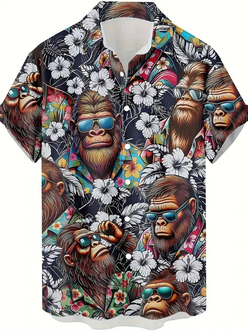 Men's Fashion 3D Printed 2025 Casual Hawaiian Shirts Funny Monkey Giraffe Cat Graphic Blouses Short Sleeve Button Shirt Tops