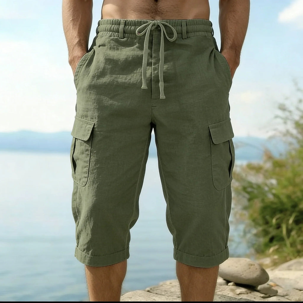 Men Summer Cotton Linen Shorts Retro Multi Pocket Loose Casual Shorts Thin Breathable Outdoor Fishing Travel Beach Short Pants