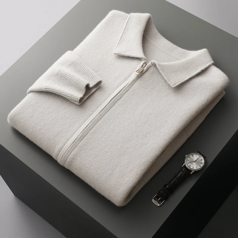 Men's Cardigan 100% Merino Wool Knitted Zippered Jacket 2023 Autumn and Winter Thickened Long Sleeved Men's Sweater Lapel Shirt